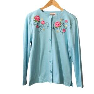 Breckenridge Petite Robin Egg Blue Floral Embroidered Cardigan Sweater Medium